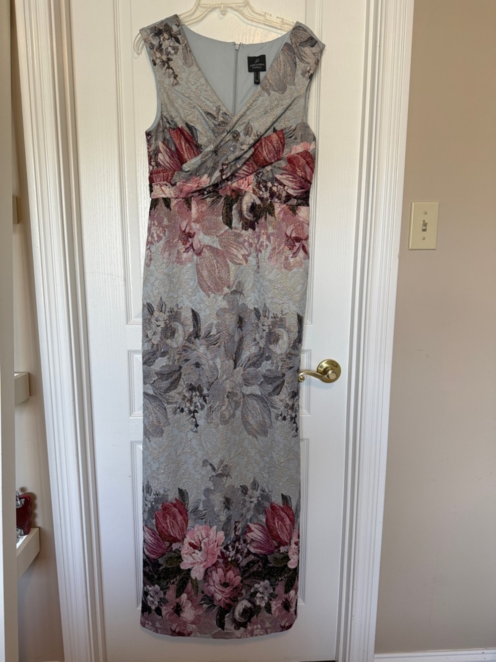 Adrianna Papell Silver-Grey Maxi Dress with Blue Floral Print Size 12